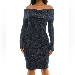 Nina Leonard Blue Off-Shoulder Long Sleeve Cocktail Dress